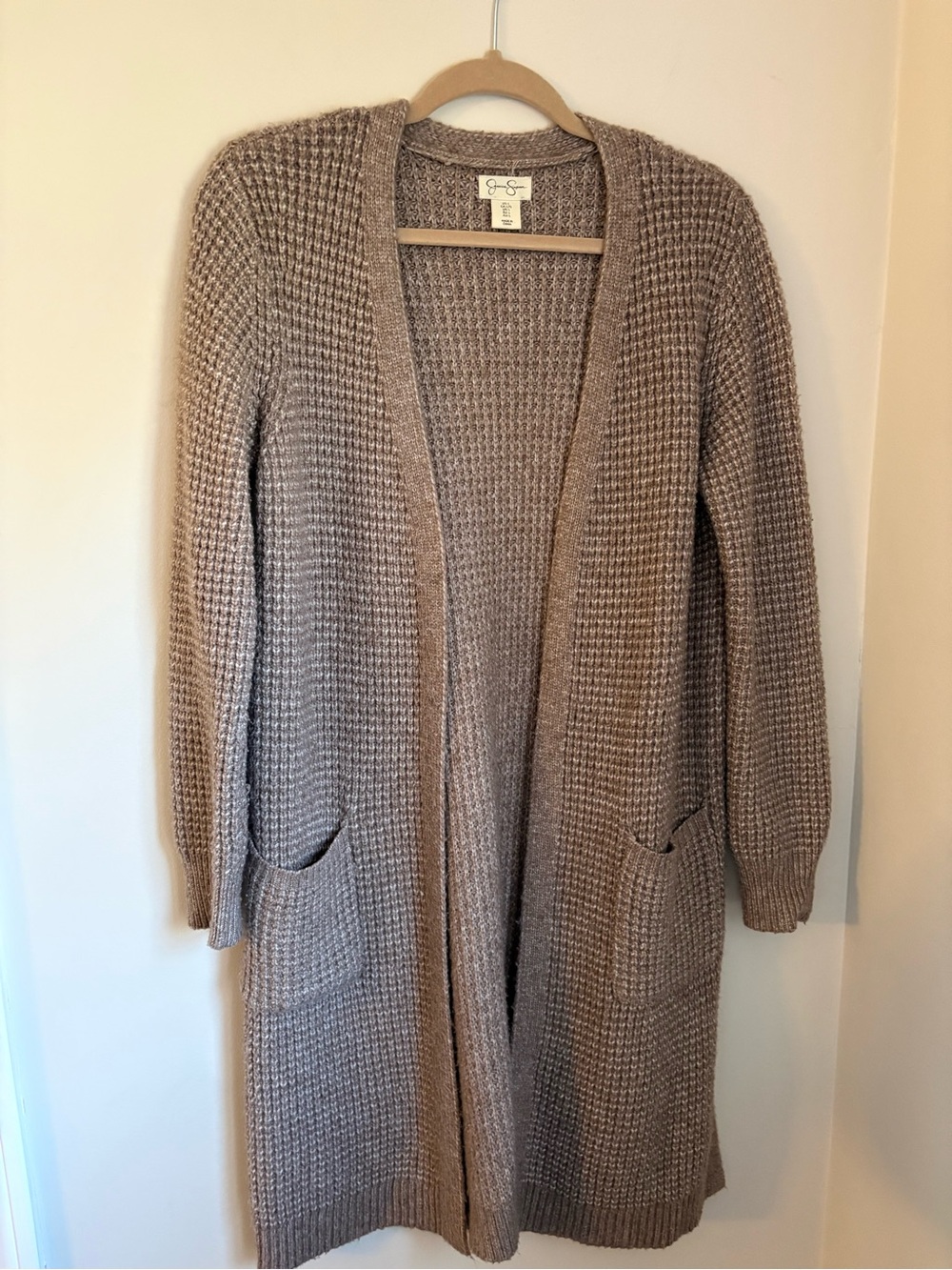 Jessica Simpson Taupe Waffle-Knit Open Cardigan